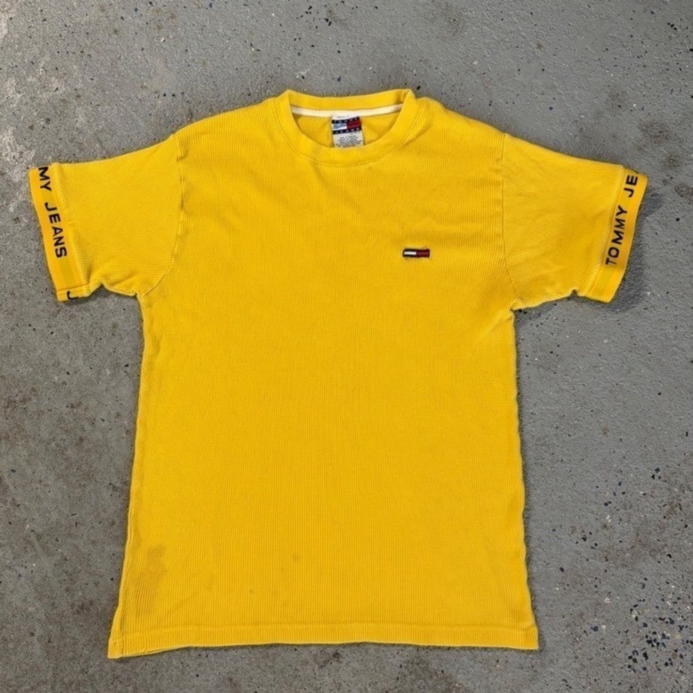 Vintage Tommy Jeans Yellow Ribbed‎ T-Shirt Branded Cuffs Flag Logo XL Mens